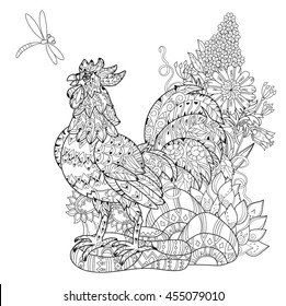 Rooster,Cock. Symbol of Chinese new year zodiac 2017. Hand drawn doodle zen art.Adult anti stress coloring book or tattoo