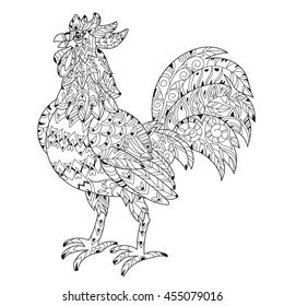 Rooster,Cock. Symbol of Chinese new year zodiac 2017. Hand drawn doodle zen art.Adult anti stress coloring book or tattoo