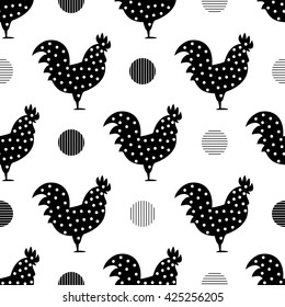 Roosters with decorative dots. Seamless pattern background with roosters. Symbol of 2017 year. Black and white rooster texture.