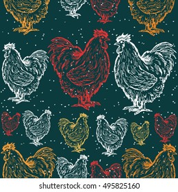 Roosters decorative seamless pattern symbol rooster new year 2017 hand drawn vector 