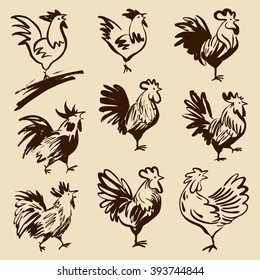 Roosters in different poses. Vector silhouettes roosters. Hand drawn cocks.