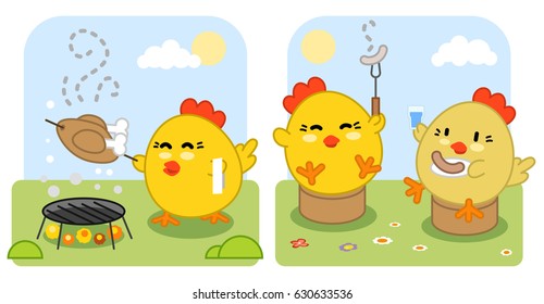 Roosters having a barbecue with chicken and wieners (set of two kawaii illustrations)