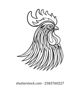 Rooster's Head Line Art, vector illustration.