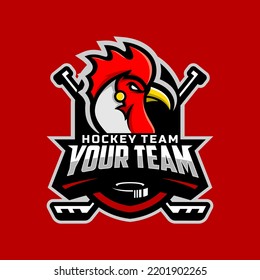 Roosters head logo for the ice hockey team logo. vector illustration. With a combination of shields badge, puck and ice hockey stick