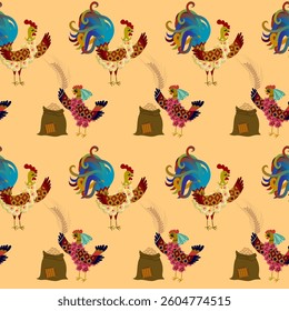 Roosters and hens are harvesting. Seamless background in cartoon style. Cute design for wrapping paper, textile, fabric. 