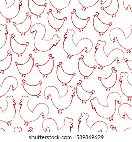 Roosters with hens seamless pattern. Chickens farm cockerel vector illustration.