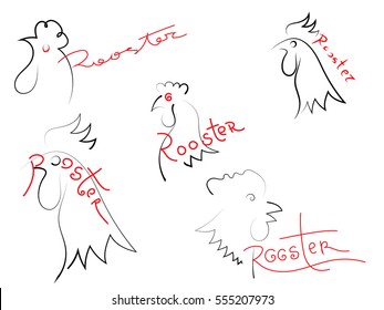 roosters icons. rooster head, wings and tail