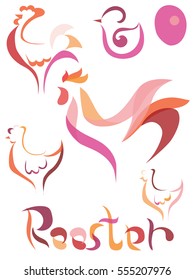 roosters icons. rooster head, wings and tail