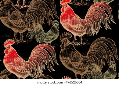 Roosters on a black background. Vector seamless pattern. Illustration for calendars, paper, wallpaper, textile, gift wrap, fabric and clothes. Gold foil and red. Chinese new year 2017.