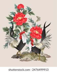 Roosters and peonies flowers isolated. Vector