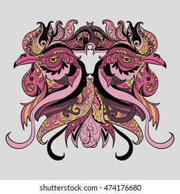 Roosters in pink colors - symbol 2017. Two heads. The Year of Cock of Oriental zodiac. Hand drawn doodle cartoon element for banner, booklet, website. New Year with Chinese sign. Vector illustration.