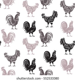 Roosters seamless pattern. Chickens farm cockerel monochrome vector illustration.