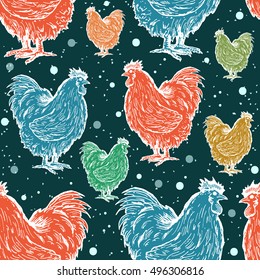 Roosters seamless pattern symbol of new year 2017 colored roosters on the winter background vector 