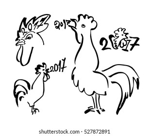 Roosters sketched with ink, simple lines and the text 2017