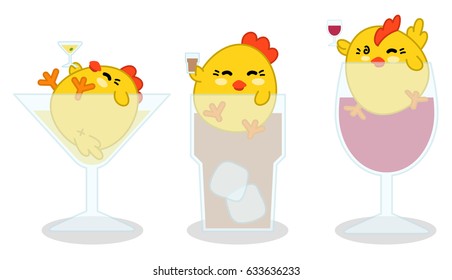 Roosters stuck in long drink and red wine glasses (set of three kawaii illustrations)