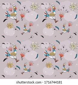 Roosters Vector Seamless pattern. Hand Drawn Doodle Cocks.