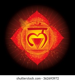 Root of Base Chakra (Muladhara). Glowing chakra icon . The concept of chakras used in Hinduism, Buddhism and Ayurveda. For design, associated with yoga and India. Vector illustrated