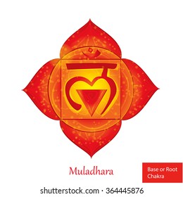 Root of Base Chakra (Muladhara). Glowing chakra icon . The concept of chakras used in Hinduism, Buddhism and Ayurveda. For design, associated with yoga and India. Vector illustrated