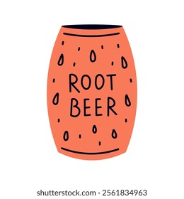 Root Beer Can with Condensation. Cold drink with drops in hand drawn doodle flat style. Vector illustration