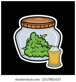 Sabor de cerveza de raíz con la mascota de la historieta de Weed Bud en tarro. Para pegatina y etiqueta. Vector e ilustración.