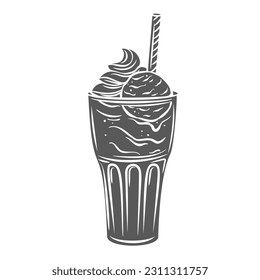 Root beer float in glass glyph icon vector illustration. Stamp of cup with straw, vanilla ice cream scoop and root beer, cold black or brown cow sweet American drink, summer beverage with beer