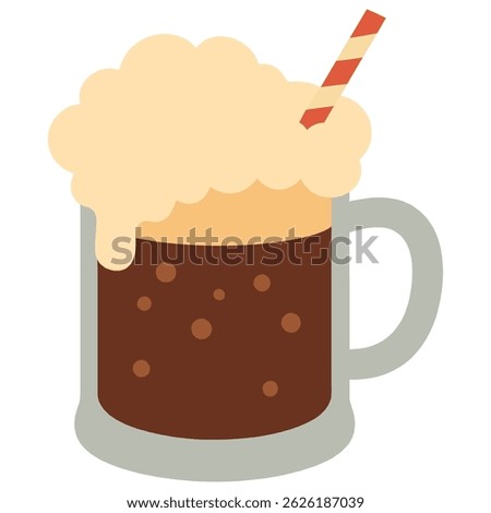Root beer float in a glass mug with overflowing foam and a red striped straw shown in cartoon style.