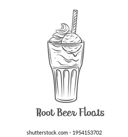 Root Beer Floats Outline Vector Icon. Drawn American Dessert Drink.