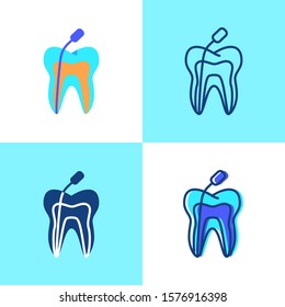 Root canal treatment icon set in flat and line style. Endodontics procedure symbol. Stomatology vector illustration.