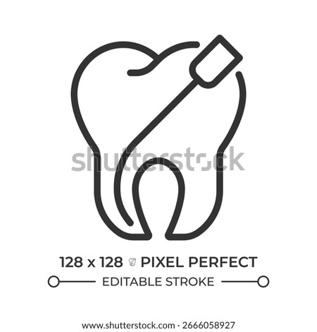 Root canal treatment pixel perfect line icon. Professional dental care. Oral health. Stomatology, odontology. Isolated vector illustration. Outline symbol. Simple linear drawing. Editable stroke