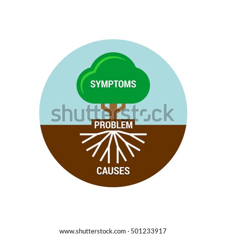 Root cause analysis illustration. Roots, trunk and crown of a tree in a round background.