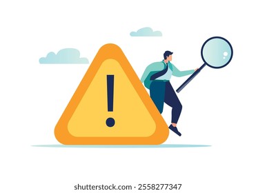 Root cause analysis or problem solving, a businessman with a magnifying glass tracks and investigates an incident with an exclamation mark, vector illustration