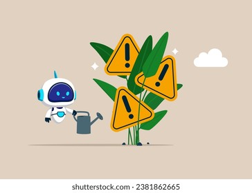 Root cause analysis or solving problem. Robot with artificial intelligence finish watering growing seedling with exclamation attention sign flower. Flat vector illustration