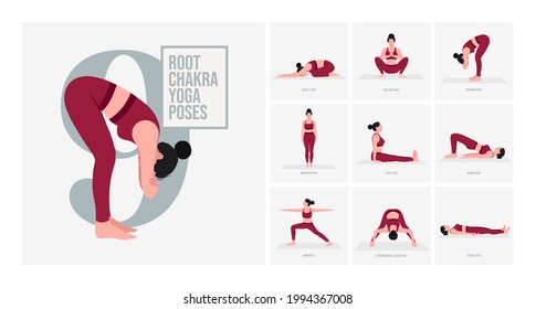 Root Chakra Yoga poses. Young woman practicing Yoga pose. Woman workout fitness, aerobic and exercises. Vector Illustration.