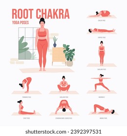 Root Chakra Yoga poses. Young woman practicing Yoga pose. Woman workout fitness, aerobic and exercises.