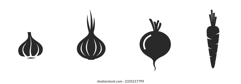 root crops icon set. garlic, carrots, beetroot and onion. vegetable, agriculture and harvest symbols. isolated vector image