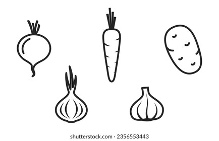 conjunto de iconos de línea de cultivos raíz. remolacha, zanahorias, cebolla, ajo y papa. símbolos vegetales, agrícolas y de cosecha. imagen vectorial aislada