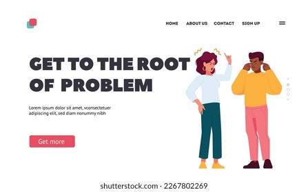 Root of Family Problems Landing Page Template. Couple Quarrel, Partners Use Hand Gestures To Emphasize Their Point, Stand Close To Each Other, Woman Yell and Man Plug Ears. Cartoon Vector Illustration