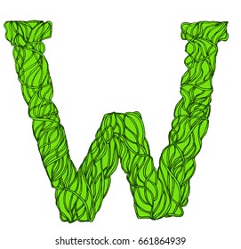 Root font, type. Green herbal vector letters. Letter W.