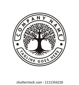 Root Leaf Family Tree of Life Oak Banyan Maple Stamp Seal Emblem Label  logo design vector svg