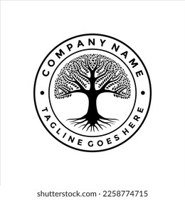 Root Leaf Family, Tree of Life Oak Banyan Maple Stamp Seal Emblem logo design template vector