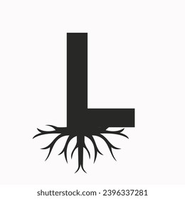 Root-Logo auf Buchstabe L, ökologische Roof-Symbol, Vektorvorlage