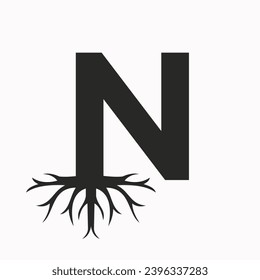 Root-Logo auf Buchstabe N, ökologische Roof-Symbol, Vektorvorlage