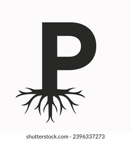 Root Logo On Letter P, Ecology Roof Symbol Vector Template