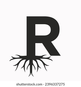 Logotipo raíz en la letra R, plantilla de vector de símbolo de techo ecológico