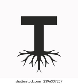 Root Logo On Letter T, Ecology Roof Symbol Vector Template