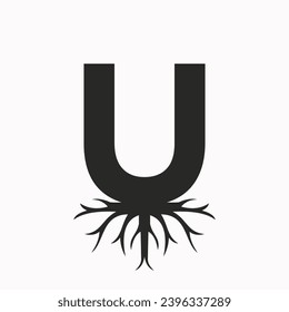 Root Logo On Letter U, Ecology Roof Symbol Vector Template