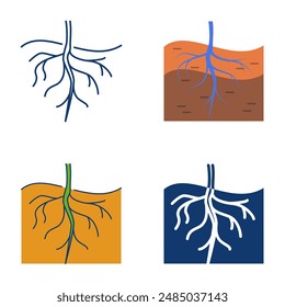 Root of a plant icon set in flat and line style. Keep living roots. Underground root system. Vector illustration.