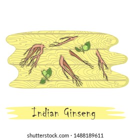Root and Stems of the Indian Ginseng on the Wooden 
Cutting Board. Curved Shape of the Board with Wood 
Texture. Herbal with Latin Name Withania Somnifera. 
Leaflet for Traditional Herbal Medicine.