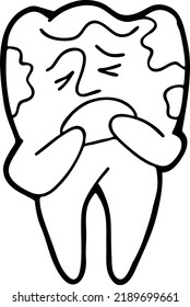 Root tooth cartoon character with problem and solution. Dental care for healthy teeth. Medical professional checkup and treatment. Hand drawn illustration. Comic personage with emotions vector drawing