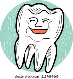 Root tooth cartoon character with problem and solution. Dental care for healthy teeth. Medical professional checkup and treatment. Hand drawn illustration. Comic personage with emotions vector drawing